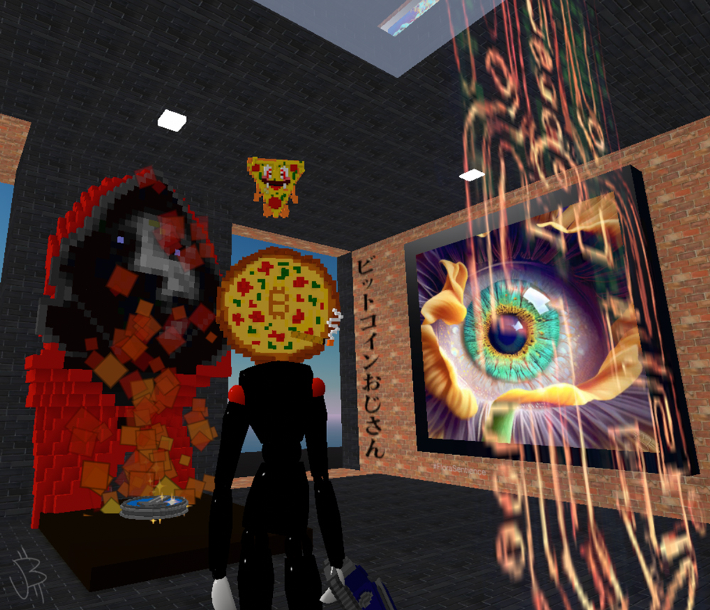 Wearing his BTC Pizza Day Avatar, inside one of UB's Galleries in his Web3d Metaverse: the 'Coastal Milan Gallery'
